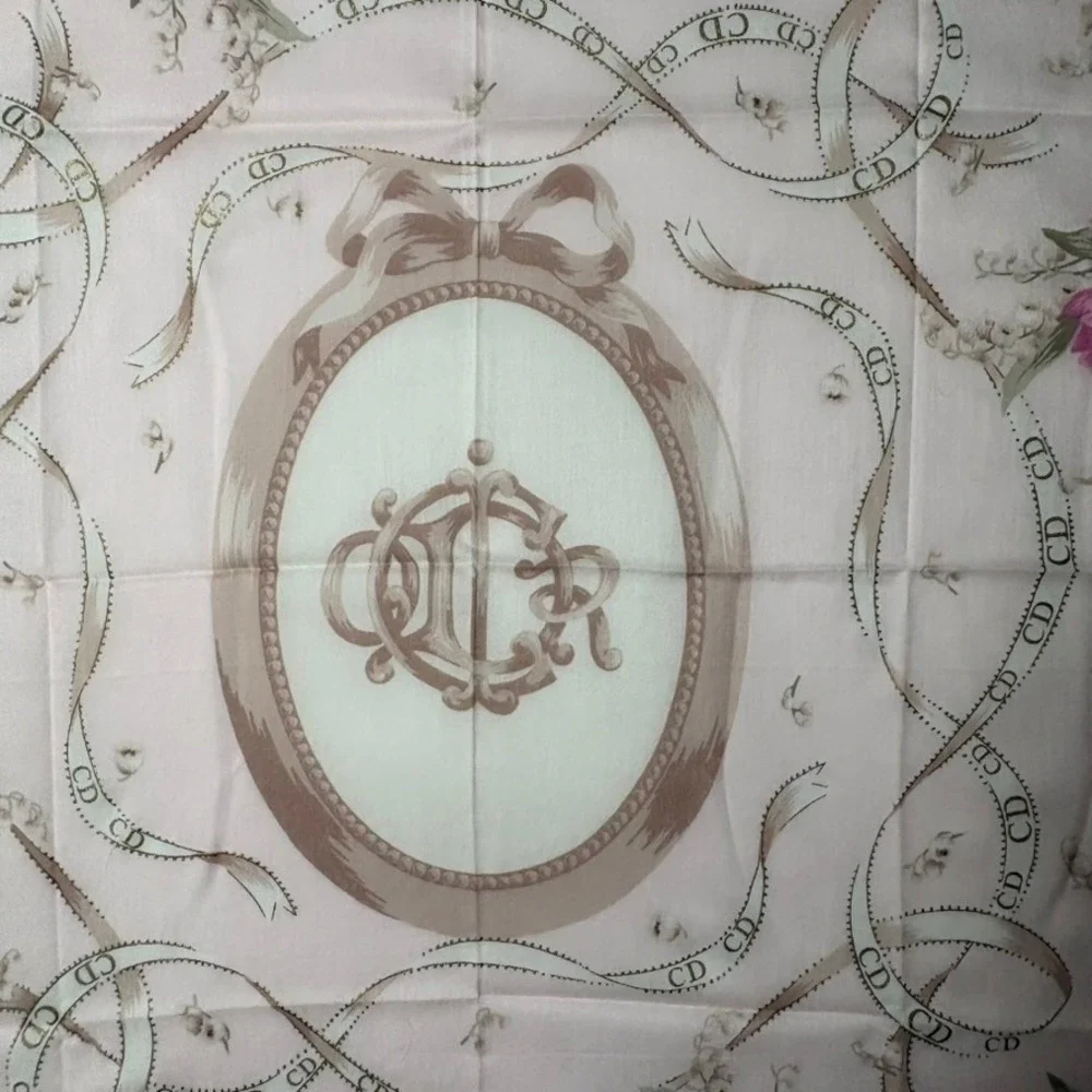Vtg CHRISTIAN DIOR Scarf Handkerchief Floral Logo Cotton Pink 19